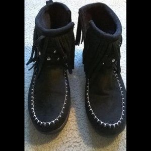 Black Suede Fringed Moccasin Boots
